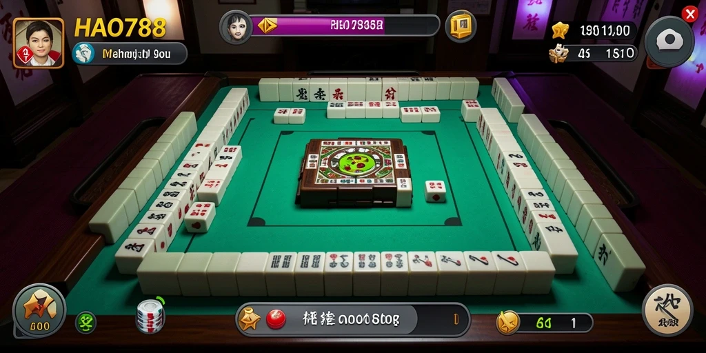 Tangkapan layar utama HAO788 menampilkan suasana gameplay Mahjong yang seru.