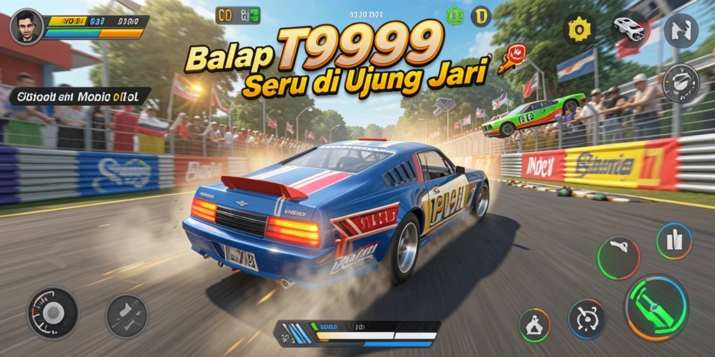 Tampilan gameplay seru dalam T9999 dengan mobil balap berkualitas.