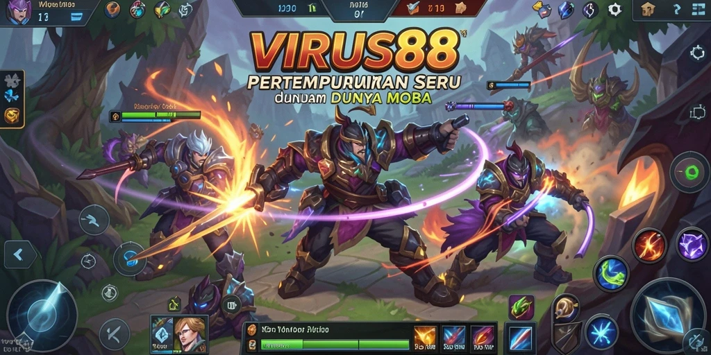 Screenshot utama <strong>VIRUS88</strong> menampilkan aksi pertempuran intens dalam game MOBA.